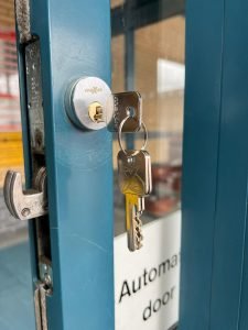 Replacement lock on shop door